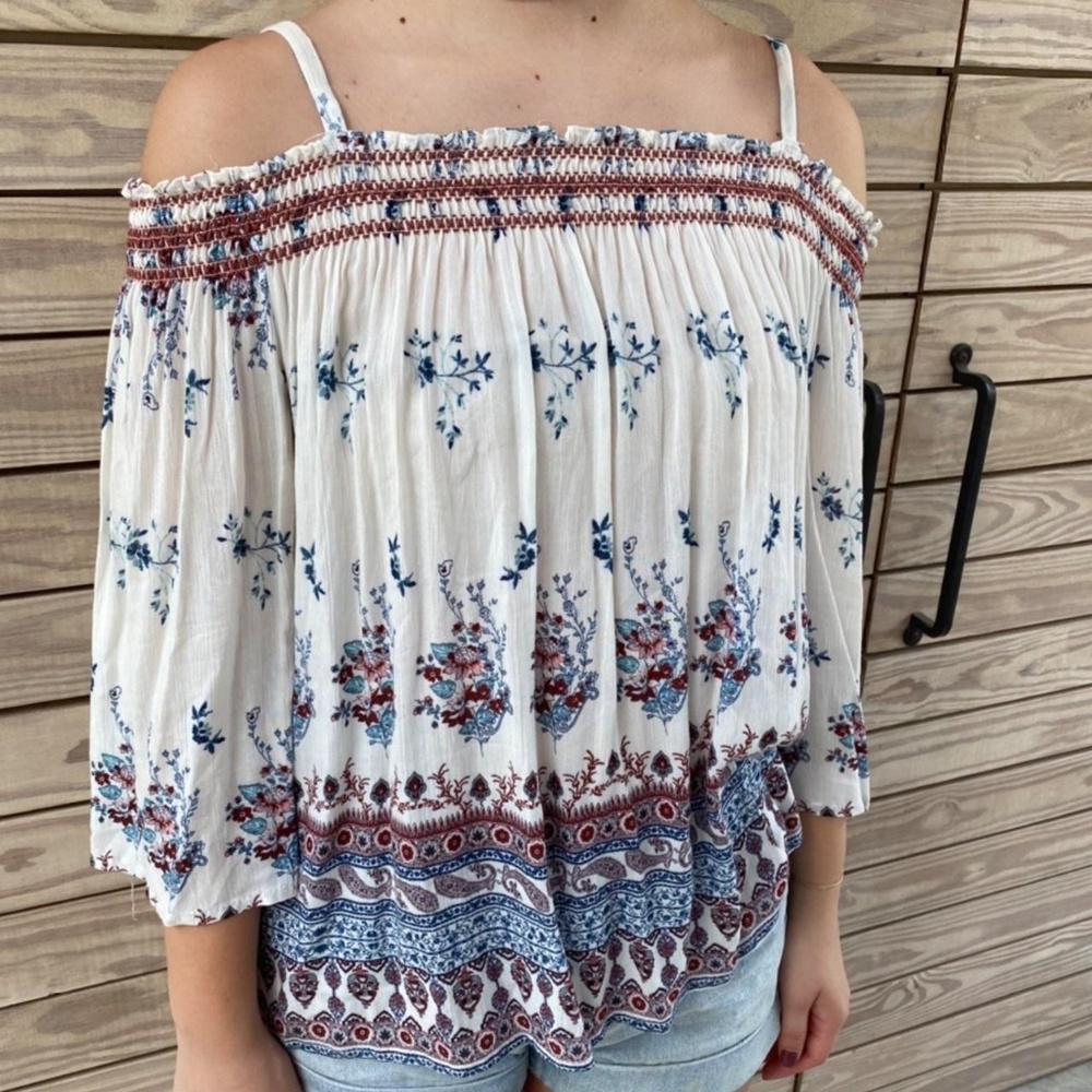 Cottagecore Floral Smocked Off Shoulder Peasant Top Flowy‎ Blouse